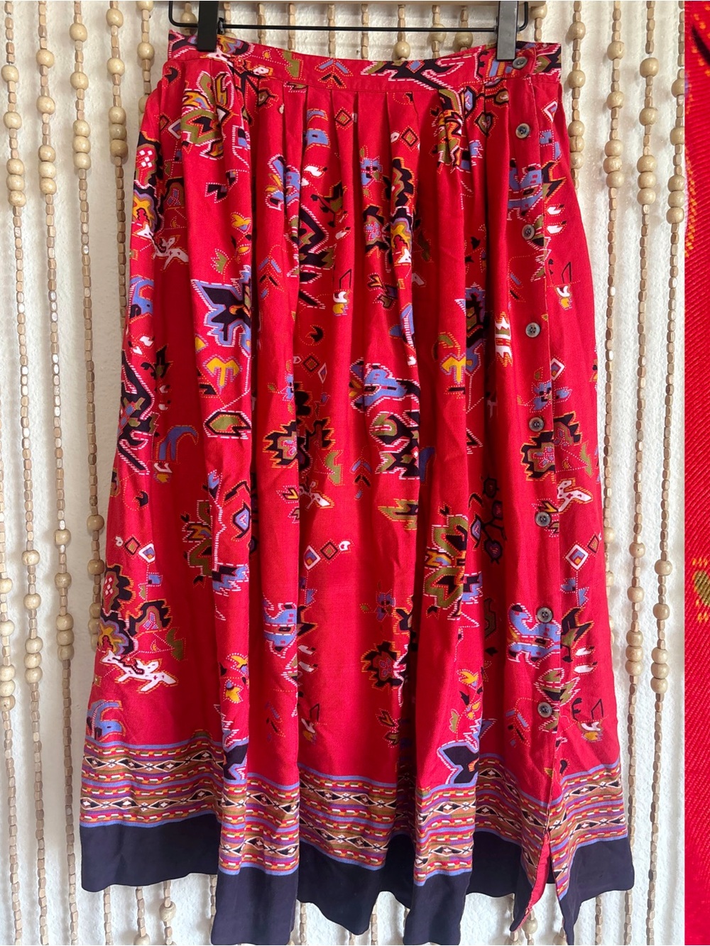 Vintage Anne Klein 90s Beautiful South West Folk Abstract Red Blue Button Skirt